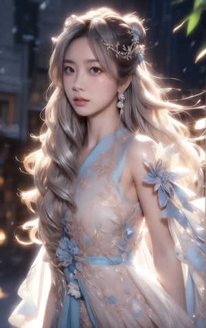 The background is midnight sky,big blue moon,dark night,snow blowing,16 yo, 1 girl,sword,halo,shining bracelet,beautiful hanfu(white, transparent),cape, cloth blowing in wind, solo, {beautiful and detailed eyes}, calm expression, natural and soft light, delicate facial features, cute japanese idol, very small earrings, ((model pose)), Glamor body type, (silver hair:1.2),  beehive,big bun,very_long_hair, hair past hip, curly hair, flim grain, realhands, masterpiece, Best Quality, photorealistic, ultra-detailed, finely detailed, high resolution, perfect dynamic composition, beautiful detailed eyes, eye smile, ((nervous and embarrassed)), sharp-focus, full_body, sexy pose,VIVI3