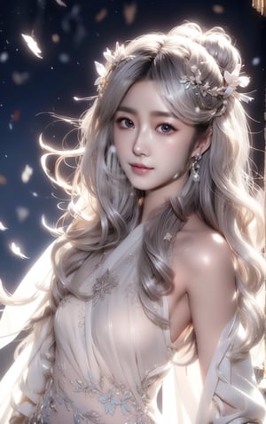 The background is midnight sky,big blue moon,dark night,snow blowing,16 yo, 1 girl,sword,halo,shining bracelet,beautiful hanfu(white, transparent),cape, cloth blowing in wind, solo, {beautiful and detailed eyes}, calm expression, natural and soft light, delicate facial features, cute japanese idol, very small earrings, ((model pose)), Glamor body type, (silver hair:1.2),  beehive,big bun,very_long_hair, hair past hip, curly hair, flim grain, realhands, masterpiece, Best Quality, photorealistic, ultra-detailed, finely detailed, high resolution, perfect dynamic composition, beautiful detailed eyes, eye smile, ((nervous and embarrassed)), sharp-focus, full_body, sexy pose,VIVI3