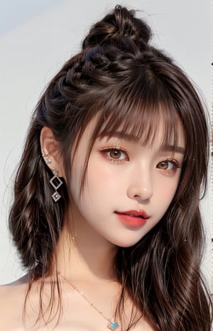 16K, 1girl, solo, brown hair, medium hair, looking at viewer, simple background, smile, closed mouth, brown hair, brown eyes, jewelry, earrings, lips, portrait, reality, braid, makeup, lipstick, nude, Symmetrical ponytails, necklace, bangs,QQQ