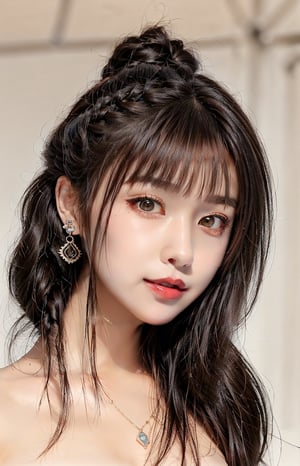 16K, 1girl, solo, brown hair, medium hair, looking at viewer, simple background, smile, closed mouth, brown hair, brown eyes, jewelry, earrings, lips, portrait, reality, braid, makeup, lipstick, nude, Symmetrical ponytails, necklace, bangs,QQQ