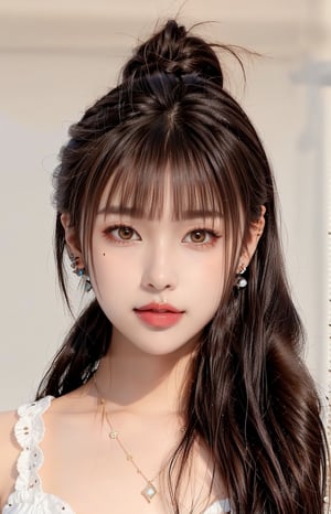 16K, 1girl, solo, brown hair, medium hair, looking at viewer, simple background, smile, closed mouth, brown hair, brown eyes, jewelry, earrings, lips, portrait, reality, braid, makeup, lipstick, nude, Symmetrical ponytails, necklace, bangs,QQQ