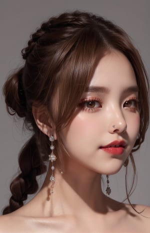 16K, 1girl, solo, long hair, looking at viewer, simple background, smile, closed mouth, brown hair, brown eyes, jewelry, earrings, lips, portrait, reality, braid, makeup, lipstick, bare shoulders, nude, Symmetrical ponytails,