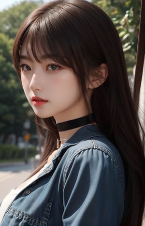 1girl, solo, sweet face, delicate face, white hair, long hair, looking at viewer, bangs, brown hair, brown eyes, upper body, outdoors, hydrated lips, simple background, black choker, denim, realistic, pretty