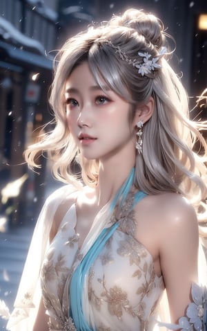 The background is midnight sky,big blue moon,dark night,snow blowing,16 yo, 1 girl,sword,halo,shining bracelet,beautiful hanfu(white, transparent),cape, cloth blowing in wind, solo, {beautiful and detailed eyes}, calm expression, natural and soft light, delicate facial features, cute japanese idol, very small earrings, ((model pose)), Glamor body type, (silver hair:1.2),  beehive,big bun,very_long_hair, hair past hip, curly hair, flim grain, realhands, masterpiece, Best Quality, photorealistic, ultra-detailed, finely detailed, high resolution, perfect dynamic composition, beautiful detailed eyes, eye smile, ((nervous and embarrassed)), sharp-focus, full_body, sexy pose,VIVI3