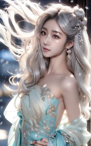 The background is midnight sky,big blue moon,dark night,snow blowing,16 yo, 1 girl,sword,halo,shining bracelet,beautiful hanfu(white, transparent),cape, cloth blowing in wind, solo, {beautiful and detailed eyes}, calm expression, natural and soft light, delicate facial features, cute japanese idol, very small earrings, ((model pose)), Glamor body type, (silver hair:1.2),  beehive,big bun,very_long_hair, hair past hip, curly hair, flim grain, realhands, masterpiece, Best Quality, photorealistic, ultra-detailed, finely detailed, high resolution, perfect dynamic composition, beautiful detailed eyes, eye smile, ((nervous and embarrassed)), sharp-focus, full_body, sexy pose,VIVI3