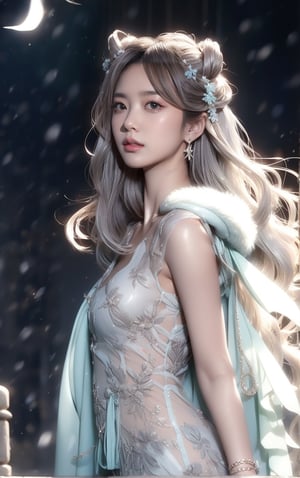 The background is midnight sky,big blue moon,dark night,snow blowing,16 yo, 1 girl,sword,halo,shining bracelet,beautiful hanfu(white, transparent),cape, cloth blowing in wind, solo, {beautiful and detailed eyes}, calm expression, natural and soft light, delicate facial features, cute japanese idol, very small earrings, ((model pose)), Glamor body type, (silver hair:1.2),  beehive,big bun,very_long_hair, hair past hip, curly hair, flim grain, realhands, masterpiece, Best Quality, photorealistic, ultra-detailed, finely detailed, high resolution, perfect dynamic composition, beautiful detailed eyes, eye smile, ((nervous and embarrassed)), sharp-focus, full_body, sexy pose,VIVI3