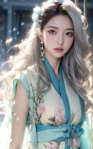 The background is midnight sky,big blue moon,dark night,snow blowing,16 yo, 1 girl,sword,halo,shining bracelet,beautiful hanfu(white, transparent),cape, cloth blowing in wind, solo, {beautiful and detailed eyes}, calm expression, natural and soft light, delicate facial features, cute japanese idol, very small earrings, ((model pose)), Glamor body type, (silver hair:1.2),  beehive,big bun,very_long_hair, hair past hip, curly hair, flim grain, realhands, masterpiece, Best Quality, photorealistic, ultra-detailed, finely detailed, high resolution, perfect dynamic composition, beautiful detailed eyes, eye smile, ((nervous and embarrassed)), sharp-focus, full_body, sexy pose,VIVI3