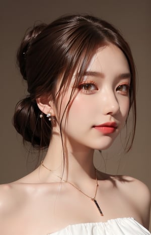 16K, 1girl, solo, long hair, looking at viewer, simple background, smile, closed mouth, brown hair, brown eyes, jewelry, earrings, lips, portrait, reality, braid, makeup, lipstick, bare shoulders, nude, Symmetrical ponytails, necklace, bare shoulders, KKK3