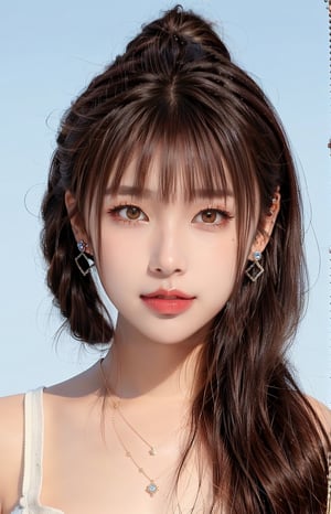 16K, 1girl, solo, brown hair, medium hair, looking at viewer, simple background, smile, closed mouth, brown hair, brown eyes, jewelry, earrings, lips, portrait, reality, braid, makeup, lipstick, nude, Symmetrical ponytails, necklace, bangs,QQQ