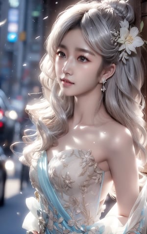 The background is midnight sky,big blue moon,dark night,snow blowing,16 yo, 1 girl,sword,halo,shining bracelet,beautiful hanfu(white, transparent),cape, cloth blowing in wind, solo, {beautiful and detailed eyes}, calm expression, natural and soft light, delicate facial features, cute japanese idol, very small earrings, ((model pose)), Glamor body type, (silver hair:1.2),  beehive,big bun,very_long_hair, hair past hip, curly hair, flim grain, realhands, masterpiece, Best Quality, photorealistic, ultra-detailed, finely detailed, high resolution, perfect dynamic composition, beautiful detailed eyes, eye smile, ((nervous and embarrassed)), sharp-focus, full_body, sexy pose,VIVI3