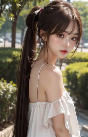 1girl, solo, sweet face, delicate face, white hair, very long hair, Hair longer than hips, Double ponytail hairstyle, looking at viewer, bangs, brown eyes, upper body, outdoors, hydrated lips, simple background, realistic,Love