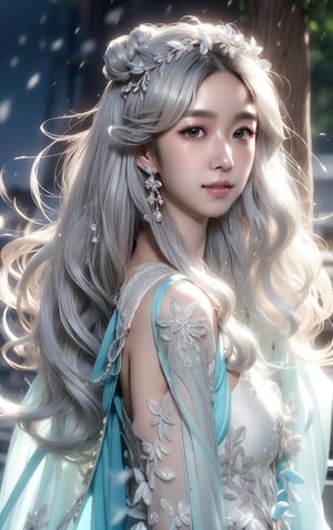 The background is midnight sky,big blue moon,dark night,snow blowing,16 yo, 1 girl,sword,halo,shining bracelet,beautiful hanfu(white, transparent),cape, cloth blowing in wind, solo, {beautiful and detailed eyes}, calm expression, natural and soft light, delicate facial features, cute japanese idol, very small earrings, ((model pose)), Glamor body type, (silver hair:1.2),  beehive,big bun,very_long_hair, hair past hip, curly hair, flim grain, realhands, masterpiece, Best Quality, photorealistic, ultra-detailed, finely detailed, high resolution, perfect dynamic composition, beautiful detailed eyes, eye smile, ((nervous and embarrassed)), sharp-focus, full_body, sexy pose,VIVI3