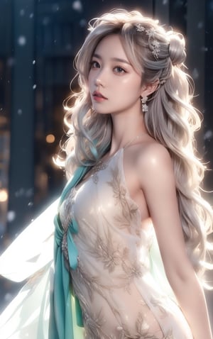 The background is midnight sky,big blue moon,dark night,snow blowing,16 yo, 1 girl,sword,halo,shining bracelet,beautiful hanfu(white, transparent),cape, cloth blowing in wind, solo, {beautiful and detailed eyes}, calm expression, natural and soft light, delicate facial features, cute japanese idol, very small earrings, ((model pose)), Glamor body type, (silver hair:1.2),  beehive,big bun,very_long_hair, hair past hip, curly hair, flim grain, realhands, masterpiece, Best Quality, photorealistic, ultra-detailed, finely detailed, high resolution, perfect dynamic composition, beautiful detailed eyes, eye smile, ((nervous and embarrassed)), sharp-focus, full_body, sexy pose,VIVI3