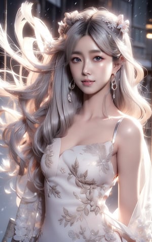 The background is midnight sky,big blue moon,dark night,snow blowing,16 yo, 1 girl,sword,halo,shining bracelet,beautiful hanfu(white, transparent),cape, cloth blowing in wind, solo, {beautiful and detailed eyes}, calm expression, natural and soft light, delicate facial features, cute japanese idol, very small earrings, ((model pose)), Glamor body type, (silver hair:1.2),  beehive,big bun,very_long_hair, hair past hip, curly hair, flim grain, realhands, masterpiece, Best Quality, photorealistic, ultra-detailed, finely detailed, high resolution, perfect dynamic composition, beautiful detailed eyes, eye smile, ((nervous and embarrassed)), sharp-focus, full_body, sexy pose,VIVI3