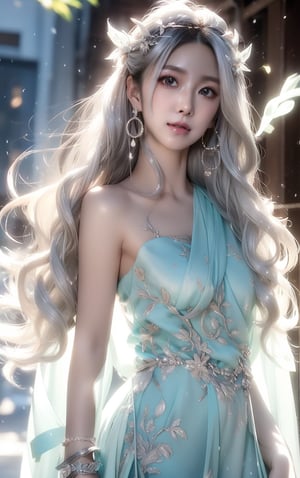 The background is midnight sky,big blue moon,dark night,snow blowing,16 yo, 1 girl,sword,halo,shining bracelet,beautiful hanfu(white, transparent),cape, cloth blowing in wind, solo, {beautiful and detailed eyes}, calm expression, natural and soft light, delicate facial features, cute japanese idol, very small earrings, ((model pose)), Glamor body type, (silver hair:1.2),  beehive,big bun,very_long_hair, hair past hip, curly hair, flim grain, realhands, masterpiece, Best Quality, photorealistic, ultra-detailed, finely detailed, high resolution, perfect dynamic composition, beautiful detailed eyes, eye smile, ((nervous and embarrassed)), sharp-focus, full_body, sexy pose,VIVI3