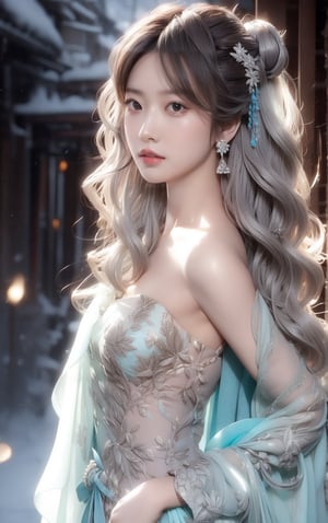 The background is midnight sky,big blue moon,dark night,snow blowing,16 yo, 1 girl,sword,halo,shining bracelet,beautiful hanfu(white, transparent),cape, cloth blowing in wind, solo, {beautiful and detailed eyes}, calm expression, natural and soft light, delicate facial features, cute japanese idol, very small earrings, ((model pose)), Glamor body type, (silver hair:1.2),  beehive,big bun,very_long_hair, hair past hip, curly hair, flim grain, realhands, masterpiece, Best Quality, photorealistic, ultra-detailed, finely detailed, high resolution, perfect dynamic composition, beautiful detailed eyes, eye smile, ((nervous and embarrassed)), sharp-focus, full_body, sexy pose,VIVI3