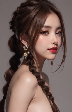 16K, 1girl, solo, long hair, looking at viewer, simple background, smile, closed mouth, brown hair, brown eyes, jewelry, earrings, lips, portrait, reality, braid, makeup, lipstick, bare shoulders, nude, Symmetrical ponytails,