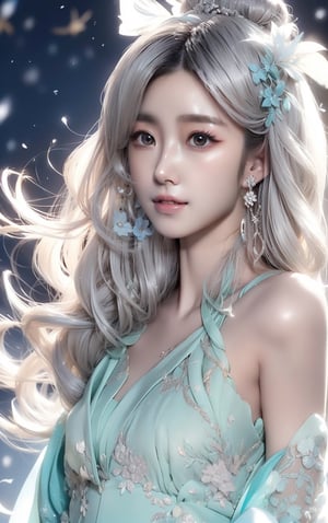 The background is midnight sky,big blue moon,dark night,snow blowing,16 yo, 1 girl,sword,halo,shining bracelet,beautiful hanfu(white, transparent),cape, cloth blowing in wind, solo, {beautiful and detailed eyes}, calm expression, natural and soft light, delicate facial features, cute japanese idol, very small earrings, ((model pose)), Glamor body type, (silver hair:1.2),  beehive,big bun,very_long_hair, hair past hip, curly hair, flim grain, realhands, masterpiece, Best Quality, photorealistic, ultra-detailed, finely detailed, high resolution, perfect dynamic composition, beautiful detailed eyes, eye smile, ((nervous and embarrassed)), sharp-focus, full_body, sexy pose,VIVI3