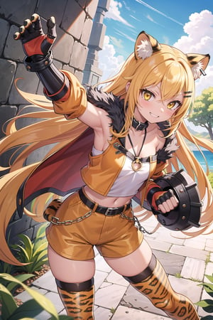 (masterpiece), fantasy,adventured,claymore,1 girl, feline ears, gyaru, kogal, blonde hair, orange hair, yellow eyes, two-tone hair, dyed inner hair, very long hair, tan, tan skin, leopard print, red clothes, black and red warrior outfit, shoulder-length hair, open jacket, micro shorts, open collar, scrunchie, elbow-length gloves, gauntlets,((holds a claymore)), (shoulder protection), loose collar, :q, fur trim, fishnet tights, hair clip , necklace, chain, thigh strap, mole under mouth, cutout, smile, teeth, dungeon, nature, action pose, tiger claws