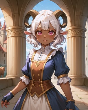 (score_9, score_8_up, score_7_up), (masterpiece), best quality, (rating_explicit), (1loli),solo,5 years old, upper body portrait, Saane is a dark-skinned loli. She has light hair  As a Satyr, Saane's most notable features are her goat horns, goat ears and tail, ((noble clothings :1.2)),loli dress, fingerless gloves, short white hair, slender body, skinny, innocent look, detailed background,castle, perfect face, medieval, adventurer clothings, bull horns, looking at Viewer, standing, pink eyes, ,Weresheep,female poses