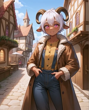 (score_9, score_8_up, score_7_up), (masterpiece), best quality, (rating_explicit), (1loli),solo, upper body portrait, Saane is a dark-skinned loli. She has light hair  As a Satyr, Saane's most notable features are her goat horns, goat ears and tail, ((adventurer clothings :1.2)),cotton trousers and overalls,  fur-trim coat,medieval, open coat, fingerless gloves, short white hair, slender body, skinny, innocent look, detailed background,village, perfect face, medieval, adventurer clothings, bull horns, looking at Viewer, standing, pink eyes, ,Weresheep,female poses