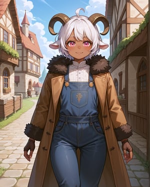 (score_9, score_8_up, score_7_up), (masterpiece), best quality, (rating_explicit), (1loli),solo, upper body portrait, Saane is a dark-skinned loli. She has light hair  As a Satyr, Saane's most notable features are her goat horns, goat ears and tail, ((adventurer clothings :1.2)),cotton trousers and overalls,  fur-trim coat,medieval, open coat, fingerless gloves, short white hair, slender body, skinny, innocent look, detailed background,village, perfect face, medieval, adventurer clothings, bull horns, looking at Viewer, standing, pink eyes, ,Weresheep,female poses