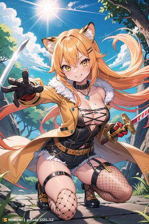 (masterpiece), fantasy,adventured,sword,1 girl, feline ears, gyaru, kogal, blonde hair, orange hair, yellow eyes, two-tone hair, dyed inner hair, very long hair, tan, tan skin, leopard print, red clothes, black and red warrior outfit, shoulder-length hair, open jacket, micro shorts, open collar, scrunchie, elbow-length gloves, gauntlets,((holds a sword)), (shoulder protection), loose collar, :q, fur trim, fishnet tights, hair clip , necklace, chain, thigh strap, mole under mouth, cutout, smile, teeth, dungeon, nature, action pose, tiger claws