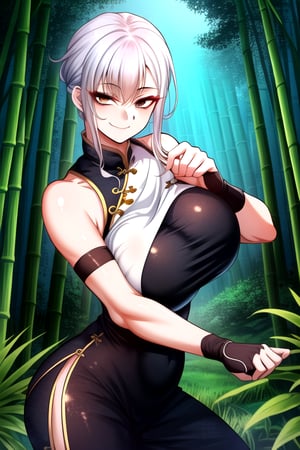 masterpiece, best quality, (solo:1.3),1girl, flexible,dnd,martial artist, monk,combat pose, big_boobies,,(in black and blue style:1.25),chinese dress,black long pants, sleeveless, bamboo forest background ,chinese forest,brown eyes,single braid,closed_mouth,obi,elbow_gloves, white_hair, smile,fog,