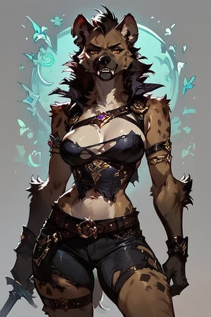 score_9, score_8_up, score_7_up, score_6_up,FANTASY, solo, hyena,female werehyena,lether torn clothes, concept art, Expressiveh,
