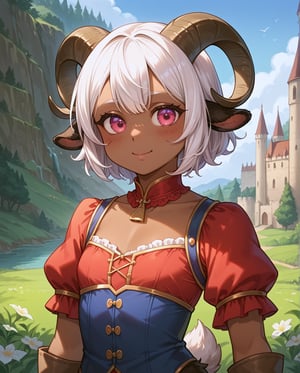 (score_9, score_8_up, score_7_up), (masterpiece), best quality, (rating_explicit), (1loli),solo, upper body portrait, Saane is a dark-skinned loli. She has light hair  As a Satyr, Saane's most notable features are her goat horns, goat ears and tail, ((noble clothings :1.2)),dress, fingerless gloves, short white hair, slender body, skinny, innocent look, detailed background,castle, perfect face, medieval, adventurer clothings, bull horns, looking at Viewer, standing, pink eyes, ,Weresheep,female poses