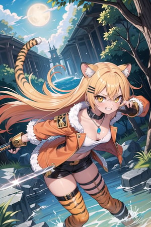 (masterpiece), fantasy,adventured,sword,1 girl, feline ears, gyaru, kogal, blonde hair, orange hair, yellow eyes, two-tone hair, dyed inner hair, very long hair, tan, tan skin, leopard print, red clothes, black and red warrior outfit, shoulder-length hair, open jacket, micro shorts, open collar, scrunchie, elbow-length gloves, gauntlets,((holds a sword)), (shoulder protection), loose collar, :q, fur trim, fishnet tights, hair clip , necklace, chain, thigh strap, mole under mouth, cutout, smile, teeth, dungeon, nature, action pose, tiger claws