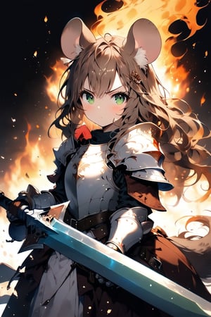 //quality, masterpiece:1.4, detailed:1.4,best quality:1.4,//,1girl,solo,mouse girl,knight,//,brown mouse ears, animal ear fluff, brown mouse tail,brown hair,(long hair),wavy hair,bangs,beautiful detailed eyes, light green eyes,glowing eyes,//,(white armor),leather belt,gauntlets,//,angry,blush,serious,closed mouth,looking_at_viewer,looking_up,pov, first-person_view,//,(holding shield),(holding sword), ,standing,close-up portrait,from_above,cowboy_shot, straight-on,//,windy,(black background),fire, stone road, flame , Medieval, //,surrounding by fire,flame around the girl,flying debris,FuturEvoLabFlame,ink paint