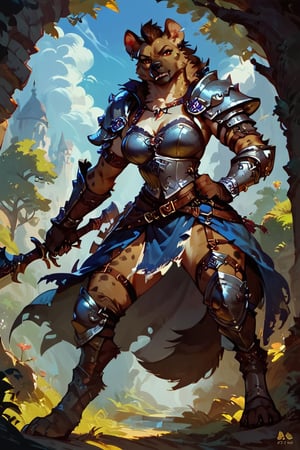 score_9, score_8_up, score_7_up, score_6_up,FANTASY, solo, hyena,female werehyena,medieval mercenary clothes,hold a weapon,concept art, Expressiveh,