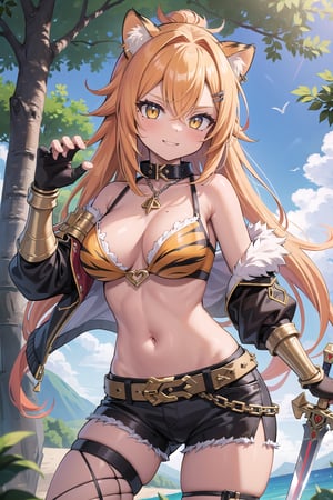 (masterpiece), fantasy,adventured,sword,1 girl, feline ears, gyaru, kogal, blonde hair, orange hair, yellow eyes, two-tone hair, dyed inner hair, very long hair, tan, tan skin, leopard print, red clothes, black and red warrior outfit, shoulder-length hair, open jacket, micro shorts, open collar, scrunchie, elbow-length gloves, gauntlets,((holds a sword)), (shoulder protection), loose collar, :q, fur trim, fishnet tights, hair clip , necklace, chain, thigh strap, mole under mouth, cutout, smile, teeth, dungeon, nature, action pose, tiger claws,dehya_genshin,