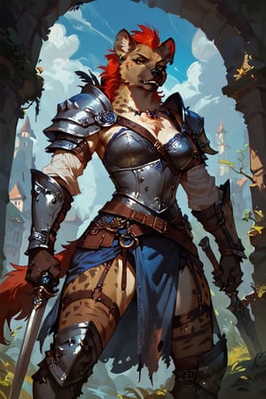score_9, score_8_up, score_7_up, score_6_up,FANTASY, solo, hyena,female werehyena,medieval mercenary clothes,hold a weapon,concept art, Expressiveh,