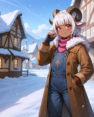 (score_9, score_8_up, score_7_up), (masterpiece), best quality, (rating_explicit), (1loli),solo, upper body portrait, Saane is a dark-skinned loli. She has light hair  As a Satyr, Saane's most notable features are her goat horns, goat ears and tail, ((adventurer clothings :1.2)),cotton trousers and overalls,fur-trim coat,medieval, open coat, fingerless gloves, short white hair, slender body, skinny, innocent look, detailed background,village,snow,falling_snow, medieval, adventurer clothings, bull horns, looking at Viewer, standing, pink eyes,Weresheep,female poses