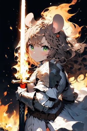 //quality, masterpiece:1.4, detailed:1.4,best quality:1.4,//,1girl,solo,mouse girl,knight,//,brown mouse ears, animal ear fluff, brown mouse tail,brown hair,(long hair),wavy hair,bangs,beautiful detailed eyes, light green eyes,glowing eyes,//,(white armor),leather belt,gauntlets,//,angry,blush,serious,closed mouth,looking_at_viewer,looking_up,pov, first-person_view,//,(holding shield),(holding sword), ,standing,close-up portrait,from_above,cowboy_shot, straight-on,//,windy,(black background),fire, stone road, flame , Medieval, //,surrounding by fire,flame around the girl,flying debris,FuturEvoLabFlame,ink paint