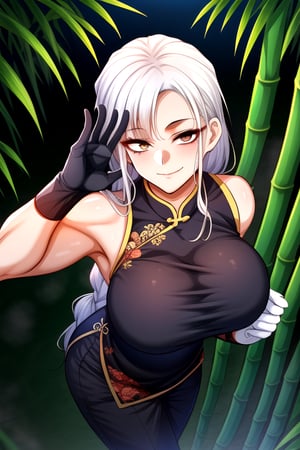 masterpiece, best quality, (solo:1.3),1girl, looking_at_viewer, gigantic_breast,dnd,martial artist, monk,sexy pose,(in black and blue style:1.25),chinese dress,black long pants , sleeveless, bamboo forest background,brown eyes,single braid,closed_mouth,from above,obi,elbow_gloves, white_hair, smile,fog,