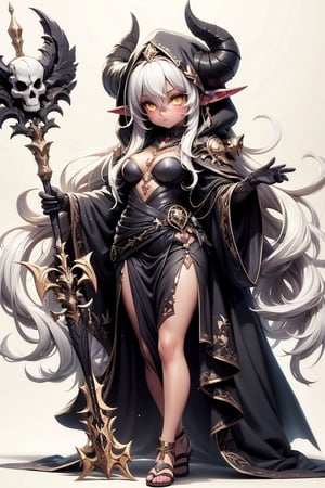 Prompt: 1girl, solo, long hair, looking at viewer, blush, simple background, white background, dress, holding, hair between eyes, jewelry, very long hair, standing, full body, yellow eyes, white hair, horns, pointy ears, dark skin, hood, dark-skinned female, sandals, staff, skull, holding staff










