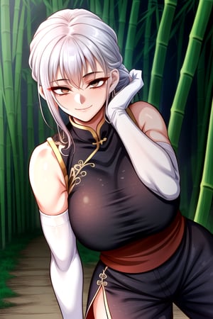 masterpiece, best quality, (solo:1.3),1girl, flexible,dnd,martial artist, monk,combat pose, big_boobies,,(in black and blue style:1.25),chinese dress,black long pants, sleeveless, bamboo forest background ,brown eyes,single braid,closed_mouth,obi,elbow_gloves, white_hair, smile,fog,