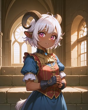 (score_9, score_8_up, score_7_up), (masterpiece), best quality, (rating_explicit), (1loli),solo,5 years old, upper body portrait, Saane is a dark-skinned loli. She has light hair  As a Satyr, Saane's most notable features are her goat horns, goat ears and tail, ((noble clothings :1.2)),loli dress, fingerless gloves, short white hair, slender body, skinny, innocent look, detailed background,castle, perfect face, medieval, adventurer clothings, bull horns, looking at Viewer, standing, pink eyes, ,Weresheep,female poses