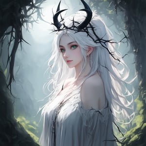 A single female figure, ethereal and otherworldly, stands in a mystical forest. Her pale skin glows softly under the moonlight, with delicate features and an intense gaze from emerald green eyes. A shock of white hair cascades down, intertwined with thorny black vines that seem to writhe and twist. Slender, sharply pointed black horns, resembling a crown of thorns, frame her face. The scene is illuminated by a soft, ethereal light, capturing her beauty in a close-up, portrait-style shot.