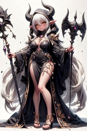 Prompt: 1girl, solo, long hair, looking at viewer, blush, simple background, white background, dress, holding, hair between eyes, jewelry, very long hair, standing, full body, yellow eyes, white hair, horns, pointy ears, dark skin, hood, dark-skinned female, sandals, staff, skull, holding staff










