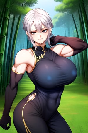 masterpiece, best quality, (solo:1.3),1girl, flexible,dnd,martial artist, monk,muscles,combat pose, big_boobies,tomboy,(in black and blue style:1.25),chinese dress,black long pants, sleeveless, bamboo forest background ,chinese forest,brown eyes,single braid,closed_mouth,obi,elbow_gloves, white_hair, smile,fog,