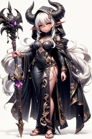 Prompt: 1girl, solo, long hair, looking at viewer, blush, simple background, white background, dress, holding, hair between eyes, jewelry, very long hair, standing, full body, yellow eyes, white hair, horns, pointy ears, dark skin, hood, dark-skinned female, sandals, staff, skull, holding staff










