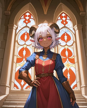 (score_9, score_8_up, score_7_up), (masterpiece), best quality, (rating_explicit), (1loli),solo, upper body portrait, Saane is a dark-skinned loli. She has light hair  As a Satyr, Saane's most notable features are her goat horns, goat ears and tail, ((noble clothings :1.2)),dress, fingerless gloves, short white hair, slender body, skinny, innocent look, detailed background,castle, perfect face, medieval, adventurer clothings, bull horns, looking at Viewer, standing, pink eyes, ,Weresheep,female poses