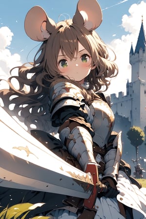 //quality, masterpiece:1.4, detailed:1.4,best quality:1.4,//,1girl,(solo),loli,mouse girl,knight,//,brown mouse ears, animal ear fluff,mouse tail,brown hair,(long hair),wavy hair,bangs,beautiful detailed eyes, light green eyes,glowing eyes,flat chest,//,(white armor),leather belt,armored dress,gauntlets,//,blush,serious,closed mouth,//,(holding sword),//, outdoor, day, blue sky, scenery, castle, Medieval, //,brave perspective, 