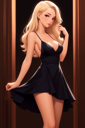 alena aenami, pin-up, skinny long haired blonde beauty, flirty, shy, fancy short black dress, full body view