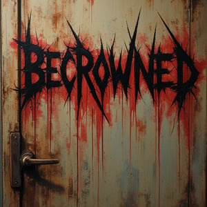 Doom metal band logo design for the band name "BECROWNED". Letters look like a spiky dripping lines. Occult dark aeshtetics with a hint of schizophrenia. The word is crudely scratched by dark red brown rusty color on an old hospital room door