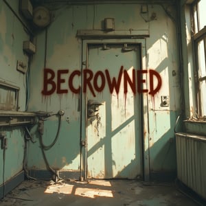 The word "BECROWNED" in gothic style, crudely scratched by dark red brown rusty color on an old hospital room door